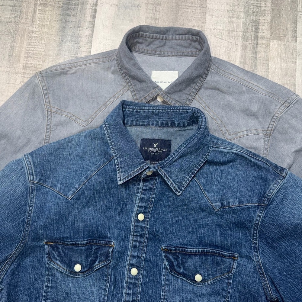 American Eagle Denim Pearl Snap Shirt Pockets Western Cowgirl Sz S Lot Of 2